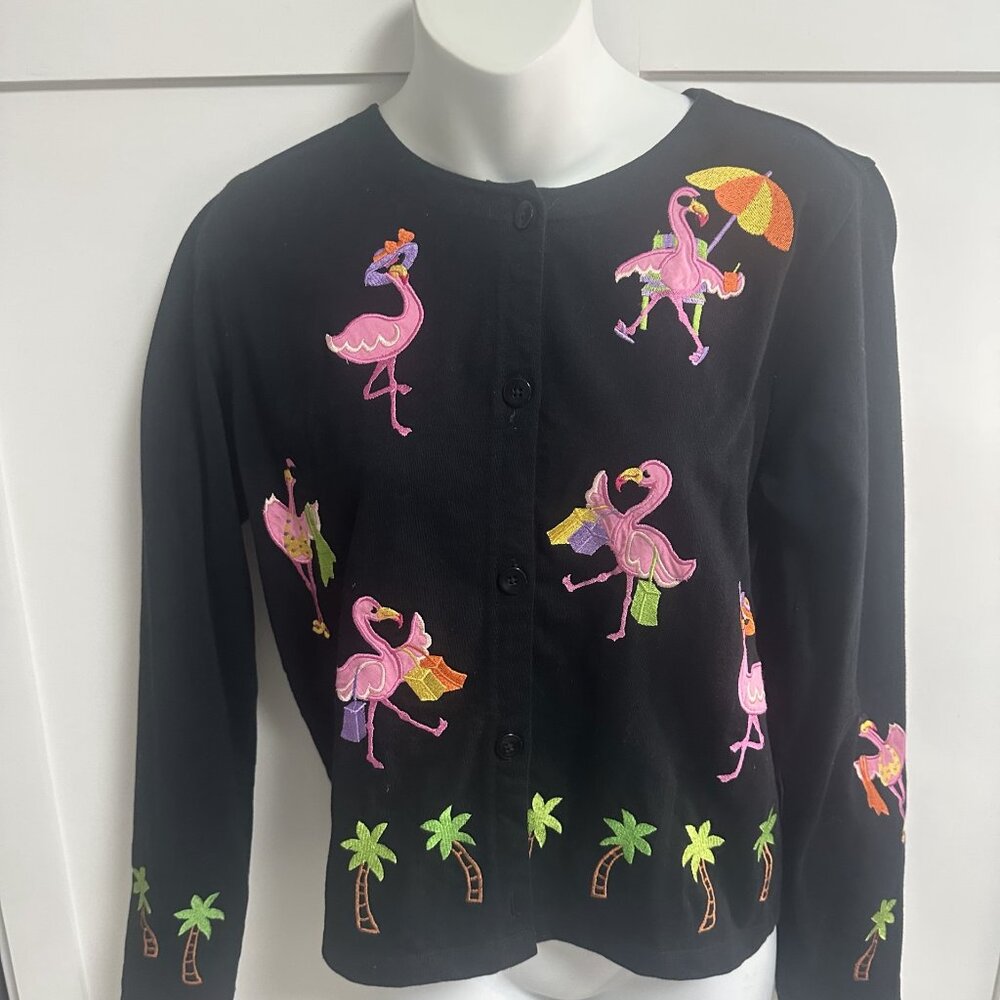 Emma Tricot Embroidered Flamingo and Palm Tree Cardigan Size Small Tropical